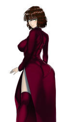 Rule 34 | 1girl, alternate color, ass, black thighhighs, breasts, covered erect nipples, dress, female focus, fubuki (one-punch man), green eyes, highres, impossible clothes, large breasts, legs, light smile, looking at viewer, looking back, one-punch man, pantylines, red hair, red thighhighs, short hair, side slit, simple background, solo, the golden smurf, thighhighs, thighs, white background