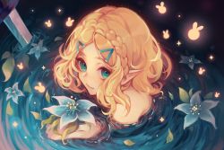 Rule 34 | 1girl, aqua eyes, bare shoulders, bathing, blue flower, braid, closed mouth, crown braid, flower, from above, glowing, hair ornament, hairclip, highres, holding, holding flower, kamochiru, looking at viewer, looking up, nintendo, parted bangs, partially submerged, pointy ears, princess zelda, short hair, silent princess, smile, solo, sword, the legend of zelda, the legend of zelda: breath of the wild, the legend of zelda: tears of the kingdom, water, weapon