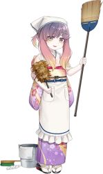 Rule 34 | 1girl, :d, akasaka yuzu, alternate costume, apron, broom, brown eyes, bucket, floral print, full body, gradient hair, holding, holding broom, japanese clothes, kantai collection, long hair, multicolored hair, official art, open mouth, purple hair, smile, solo, standing, transparent background, tsushima (kancolle), white apron, white background