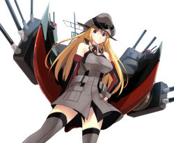 Rule 34 | 10s, 1girl, bare shoulders, bismarck (kancolle), blonde hair, blue eyes, detached sleeves, hand on own hip, hat, kantai collection, long hair, machinery, military, military uniform, nueco, peaked cap, solo, thighhighs, uniform, white background, zettai ryouiki