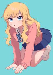 Rule 34 | 1girl, :o, all fours, blonde hair, blue background, blue bow, blue eyes, blue skirt, bow, breasts, chiyoko (tykchiyo), commentary request, idolmaster, idolmaster cinderella girls, long hair, looking at viewer, medium breasts, ohtsuki yui, pink sweater, skirt, socks, solo, sweater, wavy hair, white socks