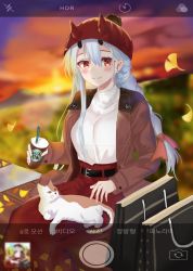 Rule 34 | 1girl, absurdres, alternate costume, alternate hairstyle, animal, animal on lap, bag, belt, bench, black belt, blush, braid, brown coat, camera phone, casual, cat, cat on lap, coat, contemporary, cup, fate/grand order, fate (series), hair between eyes, highres, holding, holding cup, horns, horns through headwear, leaf, long hair, long skirt, looking at viewer, on bench, on lap, oni horns, open clothes, open coat, outdoors, red eyes, red headwear, red skirt, silver hair, single braid, sitting, skirt, smile, solo, sunset, sweater, tomoe gozen (fate), viewfinder, white sweater, zkzk