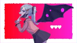 Rule 34 | 1girl, bat wings, border, commentary, cowboy shot, detached wings, fang, from side, gradient background, hair ornament, hatsune miku, heart, heart hair ornament, highres, leaning forward, long hair, long sleeves, looking at viewer, looking to the side, mask, mouth mask, open mouth, paint splatter, pink background, red background, ribbon, shirt, simple background, skirt, smile, solo, standing, taitsu hakeyo, twintails, vampire (vocaloid), vocaloid, white border, wings