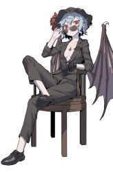 Rule 34 | 1girl, absurdres, adjusting eyewear, alternate costume, bat wings, black gloves, black hat, black pants, black suit, blue hair, buttoned cuffs, buttons, chair, formal, gloves, hat, hat ribbon, highres, looking over eyewear, mob cap, no bra, no shirt, pants, red eyes, remilia scarlet, ribbon, short hair, simple background, sitting, solo, suit, sunglasses, touhou, vampire, white background, wings, youpofen