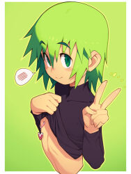 Rule 34 | 1girl, bad id, bad pawoo id, border, clothes lift, cropped torso, female focus, flat chest, green background, green eyes, green hair, hair between eyes, inactive account, inverted nipples, lifting own clothes, long sleeves, looking at viewer, metata, nipple piercing, nipple rings, nipples, original, outline, outside border, piercing, rijene (metata), shirt lift, simple background, solo, spoken blush, upper body, v, white border