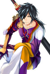 Rule 34 | 1boy, black hair, gloves, hair over one eye, hand on own thigh, japanese clothes, katana, long hair, low ponytail, male focus, maodaisuke, rokurou rangetsu, simple background, sitting, solo, sword, tales of (series), tales of berseria, weapon, white background, yellow eyes