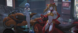 Rule 34 | 2girls, absurdres, adapted costume, ayanami rei, bare legs, bare shoulders, blue eyes, blue hair, breasts, brown hair, can, cleavage cutout, clothing cutout, coca-cola, cola-alter, detached sleeves, drink can, elbow gloves, eva 00, eva 02, evangelion (mecha), full body, gloves, gluteal fold, highres, interface headset, leotard, long hair, long sleeves, looking at viewer, medium breasts, motor vehicle, motorcycle, multiple girls, navel, neon genesis evangelion, nerv, night, outdoors, plugsuit, red eyes, red gloves, revealing clothes, short hair, soda can, souryuu asuka langley, standing, stomach, twintails, v-shaped eyebrows, vending machine, white leotard