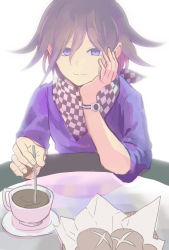 Rule 34 | 1boy, absurdres, alternate costume, black hair, checkered clothes, checkered neckwear, checkered scarf, commentary, cup, danganronpa (series), danganronpa v3: killing harmony, food, grey background, hair between eyes, hand on own cheek, hand on own face, head rest, highres, holding, kuangtai (amami ryoko), looking at viewer, male focus, multicolored hair, oma kokichi, pink eyes, pink shirt, purple eyes, purple hair, scarf, shirt, sleeves pushed up, smile, solo, symbol-only commentary, table, teacup, two-tone hair, upper body, watch, white background, wristwatch