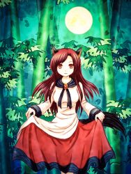 Rule 34 | 1girl, animal ears, bamboo, bamboo forest, brown hair, clothes lift, dress, dress lift, forest, full moon, fur trim, highres, imaizumi kagerou, long hair, mizuhashi sakuya, moon, nature, night, red eyes, skirt hold, smile, tail, touhou, wolf ears, wolf tail