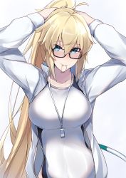 Rule 34 | 1girl, absurdres, arms up, black-framed eyewear, blonde hair, blue eyes, blush, breasts, closed mouth, collarbone, competition swimsuit, fate/grand order, fate (series), hair between eyes, highres, hoop, hula hoop, jacket, jeanne d&#039;arc (fate), jeanne d&#039;arc (ruler) (fate), jeanne d&#039;arc (swimsuit archer) (fate), jeanne d&#039;arc (swimsuit archer) (second ascension) (fate), large breasts, long hair, looking at viewer, nanakaku, one-piece swimsuit, open clothes, open jacket, ponytail, simple background, smile, solo, swimsuit, tying hair, very long hair, whistle, white background, white jacket, white one-piece swimsuit
