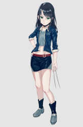 Rule 34 | absurdres, animification, belt, black hair, blouse, blue shirt, casual, claws, collar, ears visible through hair, full body, green eyes, grey background, hand on own hip, highres, jacket, laura kinney, long hair, marvel, shirt, simple background, skirt, sleeves rolled up, swept bangs, x-23, x-men