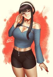 Rule 34 | 1girl, 2dswirl, bare shoulders, black hair, blood, blood on hands, blush, breasts, cleavage, collarbone, crop top, cropped shirt, hair ornament, hairband, highres, large breasts, long hair, looking at viewer, midriff, navel, red eyes, round eyewear, shirt, short shorts, shorts, sidelocks, simple background, smile, solo, spy x family, stomach, yor briar