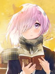 Rule 34 | 1girl, alternate costume, artist name, autumn leaves, black jacket, blurry, blush, book, casual, depth of field, falling leaves, fate/grand order, fate (series), fringe trim, green scarf, hair over one eye, highres, holding, holding book, jacket, leaf, long sleeves, looking at viewer, mash kyrielight, open book, outdoors, parted lips, pink hair, plaid, plaid scarf, purple eyes, scarf, short hair, sirom, solo, sparkle, twitter username, upper body