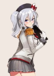 Rule 34 | 1girl, :&gt;, arm at side, ass, beige background, blue eyes, blush, breasts, clipboard, closed mouth, contrapposto, cowboy shot, epaulettes, from side, gloves, hair between eyes, hat, kantai collection, kashima (kancolle), looking at viewer, looking back, medium breasts, miniskirt, panties, pantyshot, pleated skirt, shinpu (oresinpu), sidelocks, silver hair, simple background, skirt, smile, solo, standing, twintails, underwear, white gloves, white panties