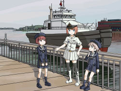 Rule 34 | 3girls, black legwear, blue dress, blue eyes, boat, book, boots, brown eyes, brown hair, character request, commentary, cross-laced footwear, dock, dress, english commentary, full body, hat, kantai collection, lace-up boots, military, military uniform, multiple girls, naval uniform, pier, pleated skirt, red hair, sailor collar, sailor dress, sailor hat, short dress, short hair, silver hair, sixten, skirt, socks, standing, thighhighs, uniform, watercraft, white footwear, white skirt, z1 leberecht maass (kancolle), z3 max schultz (kancolle)