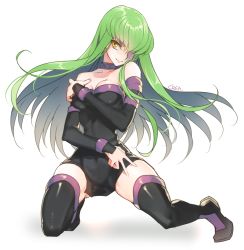 Rule 34 | 1girl, bare shoulders, boots, c.c., code geass, collar, cosplay, covered navel, creayus, detached sleeves, fate/stay night, fate (series), green hair, hair over one eye, long hair, medusa (fate), medusa (rider) (fate), medusa (rider) (fate) (cosplay), solo, thigh boots, thighhighs, trait connection, yellow eyes
