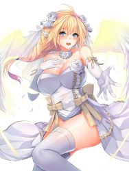 Rule 34 | 1girl, :d, ahoge, alternate costume, angel wings, armpits, bare shoulders, blonde hair, blue eyes, blush, braid, breasts, bridal veil, cleavage, cowboy shot, dress, elbow gloves, feathered wings, gloves, hand on own chest, happy tears, highres, large breasts, long hair, looking at viewer, low-tied long hair, moing, open mouth, silla (soccer spirits), single braid, smile, soccer spirits, solo, tears, thighhighs, veil, wedding dress, white dress, white gloves, white thighhighs, wings