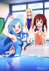 Rule 34 | 10s, 3girls, absurdres, arm up, armpits, blonde hair, blue eyes, blue hair, blush, brown hair, competition swimsuit, doma umaru, ebina nana, goggles, highres, himouto! umaru-chan, kikuchi ai, legs, long hair, looking back, megami magazine, multiple girls, non-web source, official art, one-piece swimsuit, open mouth, partially submerged, partially underwater shot, pool, poolside, red eyes, standing, swimsuit, tachibana sylphynford, underwater, wading, water