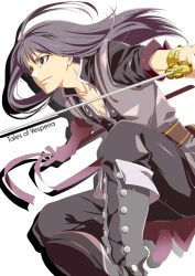 Rule 34 | 00s, 1boy, black eyes, black hair, boots, bracelet, coat, copyright name, jewelry, long hair, male focus, nina (pastime), pants, smile, solo, sword, tales of (series), tales of vesperia, weapon, white background, yuri lowell