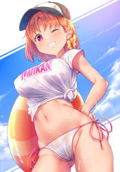 Rule 34 | 1girl, baseball cap, bikini, bikini under clothes, black hat, blue sky, blush, bow, braid, breasts, cameltoe, cleft of venus, clothes writing, cloud, commentary request, covered erect nipples, cowboy shot, day, gluteal fold, grin, groin, hair bow, halterneck, hand on own hip, hat, highres, holding, holding swim ring, innertube, kanabun, large breasts, looking at viewer, love live!, love live! sunshine!!, navel, no pants, one eye closed, orange hair, parted bangs, red eyes, see-through, shirt, short hair, short sleeves, side-tie bikini bottom, side braid, sidelocks, sky, smile, solo, standing, stomach, string bikini, sweat, swim ring, swimsuit, t-shirt, takami chika, teeth, tied shirt, wet, wet clothes, wet shirt, white background, white bikini, white shirt, yellow bow