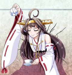 Rule 34 | 1girl, ahoge, arm up, brown hair, c:, closed eyes, commentary request, crack, cracked wall, cup, detached sleeves, double bun, hair bun, hairband, highres, holding, kabe ni hamatte ugokenai!, kantai collection, kongou (kancolle), long hair, looking at viewer, nontraditional miko, parody, smile, smug, solo, sparkle, stuck, teacup, teapot, through wall, tk8d32