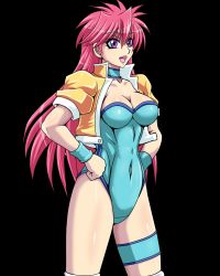 Rule 34 | 1girl, black background, blue leotard, breasts, choker, cleavage, hair between eyes, hands on own hips, highres, jacket, leotard, long hair, medium breasts, mighty yukiko, open mouth, pink hair, purple eyes, short sleeves, simple background, smile, solo, standing, taroimo (00120014), wrestle angels, wrestle angels survivor, wrestling outfit, wristband, yellow jacket