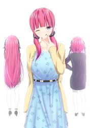 Rule 34 | 1girl, back, blinking, blue dress, blue eyes, braid, breasts, coat, collarbone, dress, flashback, go-toubun no hanayome, hair ornament, hairclip, hand on own chin, hand on own face, highres, jacket, kneehighs, large breasts, long hair, looking at viewer, nagi ia13, nail art, nail polish, one eye closed, red hair, school uniform, short hair, signature, simple background, socks, solo, sundress, tongue, tongue out, white background, yellow jacket