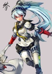 Rule 34 | 1girl, android, aqua hair, axe, hair ornament, highres, labrys (persona), persona, persona 4: the ultimate in mayonaka arena, ponytail, red eyes, school uniform, skirt, solo, sowel (sk3), weapon