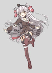 Rule 34 | &gt;:d, 10s, 1girl, :d, amatsukaze (kancolle), antennae, blush, boat, brown eyes, cannon, choker, dress, fang, full body, garter straps, grey background, highres, jpeg artifacts, kantai collection, long hair, machinery, north abyssor, open mouth, red thighhighs, rensouhou-kun, robot, running, sailor dress, short dress, simple background, smile, striped clothes, striped thighhighs, thighhighs, turret, twintails, two side up, v-shaped eyebrows, watercraft, white hair, zettai ryouiki