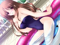 Rule 34 | 1girl, :o, bare shoulders, blush, breast suppress, breasts, brown hair, casual one-piece swimsuit, cleavage, dutch angle, covered erect nipples, game cg, hobo-san to issho!, iizuki tasuku, large breasts, light rays, long hair, navel, one-piece swimsuit, pool, red eyes, rooftop, sitting, solo, sunbeam, sunlight, swimsuit, wading, wading pool, water, yuuki chizuru