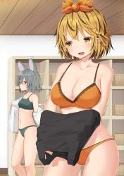 Rule 34 | 2girls, :d, absurdres, animal ears, bare shoulders, bikini, blonde hair, blurry, blurry foreground, breasts, changing room, cleavage, collarbone, commentary request, contrapposto, cowboy shot, feet out of frame, grey hair, hair between eyes, hair ornament, highres, huge filesize, indoors, jacket, large breasts, looking at another, mamemochi, mouse ears, multicolored hair, multiple girls, nazrin, open mouth, orange bikini, red eyes, removing jacket, shelf, short hair, smile, standing, streaked hair, swimsuit, tank top, toramaru shou, touhou, underwear, white jacket, wicker basket, yellow eyes