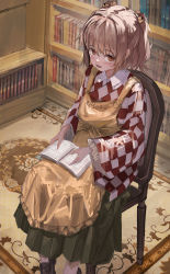 Rule 34 | 1girl, absurdres, apron, bell, black footwear, blush, book, bookshelf, brown hair, carpet, chair, character name, checkered clothes, checkered kimono, clothes writing, commentary request, foot out of frame, frilled sleeves, frills, green skirt, hair bell, hair ornament, henginnnnnn, highres, indoors, japanese clothes, kimono, long sleeves, looking at viewer, medium hair, motoori kosuzu, open book, open mouth, orange apron, orange eyes, red kimono, sitting, skirt, solo, touhou, two side up, white kimono, wide sleeves