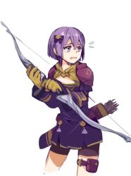 Rule 34 | 1girl, arrow (projectile), bernadetta von varley, bow (weapon), fire emblem, fire emblem: three houses, gloves, grey eyes, hair ornament, holding, holding bow (weapon), holding weapon, long sleeves, nekoka nekoka, nintendo, open mouth, purple hair, quiver, simple background, solo, tearing up, weapon, white background, yellow gloves