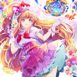 Rule 34 | 4girls, absurdres, asahina mirai, bare legs, blonde hair, bow, bowtie, bracelet, cure miracle, earrings, gloves, grin, ha-chan (mahou girls precure!), hair bow, hanami kotoha, hat, high ponytail, highres, holding, holding wand, jewelry, layered skirt, long hair, looking at viewer, mahou girls precure!, miniskirt, mofurun (mahou girls precure!), multiple girls, pink eyes, pink headwear, pink skirt, pleated skirt, precure, red bow, red bowtie, shiny skin, shirt, short sleeves, side ponytail, skirt, smile, underbust, very long hair, wand, white gloves, white shirt, witch hat, yuutarou (fukiiincho)