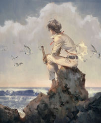 Rule 34 | 10s, 1boy, alternate costume, animal, back, barefoot, belt, bird, black hair, blue sky, cloud, collared shirt, dress shirt, full body, holding, holding sword, holding weapon, horikawa kunihiro, long sleeves, male focus, ocean, open clothes, open shirt, outdoors, pants, personification, red ribbon, ribbon, seagull, shirt, shore, short hair, sky, solo, sword, torn clothes, touken ranbu, weapon, white pants, white shirt, wind, xiling
