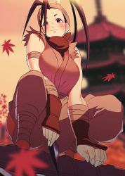 Rule 34 | 1girl, akisu k, architecture, bare shoulders, breasts, capcom, east asian architecture, falling leaves, from below, high ponytail, ibuki (street fighter), large breasts, leaf, long hair, looking at viewer, ninja, sleeveless, street fighter