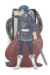 Rule 34 | 1boy, blue hair, cape, card, fire emblem, fire emblem: genealogy of the holy war, fire emblem: thracia 776, gloves, headband, highres, holding, holding sword, holding weapon, long hair, male focus, nintendo, seliph (fire emblem), smile, solo, sword, tarot, tarot (medium), tempenite, weapon