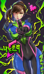 Rule 34 | 1girl, aiming, aiming at viewer, alternate costume, blue bodysuit, bodysuit, breasts, brown eyes, brown hair, clothes writing, covered navel, cowboy shot, d.va (overwatch), dated, facepaint, facial mark, foreshortening, gun, handgun, head tilt, headphones, headset, heart, high collar, highres, holding, holding gun, holding weapon, long hair, looking at another, medium breasts, nano d.va, nose, overwatch, overwatch 1, parted lips, pilot suit, pink lips, pistol, pixel heart, ponytail, realistic, shoulder pads, signature, skin tight, solo, swept bangs, thigh gap, weapon, whisker markings, wide hips, xiaoxie, zipper