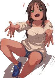 Rule 34 | 1girl, :d, brown hair, copyright request, fang, fu-ta, green eyes, highres, long hair, looking at viewer, off shoulder, open mouth, outstretched arms, short shorts, shorts, simple background, sitting, smile, solo, white background