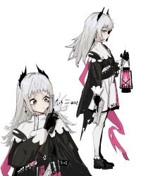 Rule 34 | 0w07, 1girl, animal, animal on shoulder, arknights, bird, black dress, black footwear, black gloves, closed mouth, commentary request, dress, earrings, gloves, grey eyes, grey hair, gun, hand up, handgun, head wings, highres, holding, holding gun, holding lantern, holding weapon, irene (arknights), jewelry, korean commentary, lantern, long hair, long sleeves, looking at viewer, multiple views, notice lines, pantyhose, profile, shoes, sideways glance, simple background, sketch, standing, weapon, white background, white dress, white pantyhose, wings