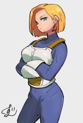 Rule 34 | 1girl, android 18, bad id, bad twitter id, blonde hair, blue bodysuit, blue eyes, bodysuit, closed mouth, commentary request, cosplay, crossed arms, dragon ball, dragonball z, earrings, gloves, highres, jewelry, short hair, signature, standing, vegeta, vegeta (cosplay), white gloves, zurui