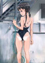 Rule 34 | 1girl, :d, absurdres, ass, bare shoulders, bikini tan, black eyes, black hair, blue one-piece swimsuit, competition school swimsuit, from behind, fujita hidetoshi, highleg, highleg swimsuit, highres, hose, long hair, looking at viewer, looking back, low twintails, non-web source, one-piece swimsuit, open mouth, original, outdoors, profile, scan, school swimsuit, sideways mouth, smile, solo, standing, swimsuit, tan, tanline, twintails, wet