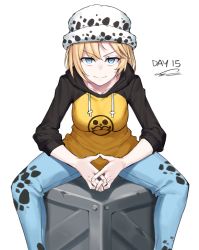 Rule 34 | 1girl, blonde hair, blue eyes, box, casual, cosplay, dasdokter, hat, highres, hololive, hololive english, hood, hoodie, looking at viewer, medium hair, meme, one piece, sitting, smirk, solo, the one piece is real (meme), trafalgar law, trafalgar law (cosplay), virtual youtuber, watson amelia