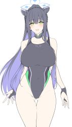 Rule 34 | 1girl, animal ears, arms at sides, bare shoulders, black hair, black one-piece swimsuit, blue archive, blue halo, breasts, bridal gauntlets, collarbone, competition swimsuit, covered navel, detached collar, flat color, gluteal fold, green eyes, halcon, halo, highleg, highleg swimsuit, highres, large breasts, long hair, looking at viewer, one-piece swimsuit, open mouth, ponytail, shun (blue archive), sidelocks, smile, solo, swimsuit, thigh strap, thighs, tiger ears, unfinished, very long hair