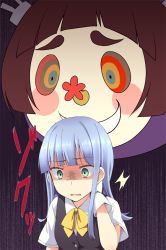 Rule 34 | 2girls, ^^^, blue hair, blunt bangs, blush stickers, breasts, brown hair, commentary request, disembodied head, green eyes, grin, hatsukaze (kancolle), kantai collection, looking at another, looking down, mahou shoujo madoka magica, mahou shoujo madoka magica (anime), medium hair, multiple girls, myoukou (kancolle), nagami yuu, parody, ribbon, scared, school uniform, shaded face, small breasts, smile, wavy mouth, yellow ribbon