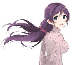 Rule 34 | 10s, 1girl, aran sweater, breasts, cable knit, female focus, green eyes, hair ornament, large breasts, long hair, looking at viewer, looking back, love live!, love live! school idol project, low twintails, open mouth, parted bangs, purple hair, ribbed sweater, scrunchie, simple background, smile, solo, sweater, totoki86, tojo nozomi, turtleneck, twintails, white background
