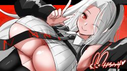 Rule 34 | 1girl, artist name, azur lane, blush, breasts, commentary request, covered erect nipples, hair ornament, hair over one eye, hairband, hand up, highres, hisin, large breasts, lips, long hair, looking at viewer, necktie, one eye closed, prinz heinrich (azur lane), red eyes, shiny skin, signature, simple background, smile, solo, underboob, upper body, v, white hair