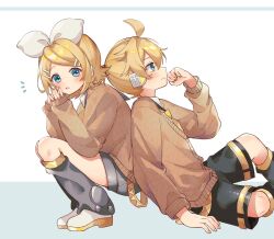 Rule 34 | 1boy, 1girl, black shorts, blonde hair, blue eyes, brother and sister, brown sweater, closed mouth, hair ornament, hairclip, highres, kagamine len, kagamine rin, long sleeves, open mouth, sazanami (ripple1996), short hair, shorts, siblings, sweater, twins, vocaloid, white footwear