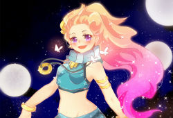 Rule 34 | 1girl, armlet, axshenglzro, bare shoulders, bracelet, bug, butterfly, crop top, fang, gradient hair, highres, bug, jewelry, league of legends, long hair, midriff, multicolored hair, navel, necklace, purple eyes, shorts, smile, solo, sparkle, orb, star (symbol), starry background, turtleneck, zoe (league of legends)