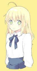 Rule 34 | 1girl, 87banana, ahoge, alternate hairstyle, artoria pendragon (all), artoria pendragon (fate), blonde hair, blouse, blue bow, blue skirt, bow, fate/stay night, fate (series), green eyes, hair down, saber (fate), shirt, simple background, skirt, solo, upper body, white shirt, yellow background